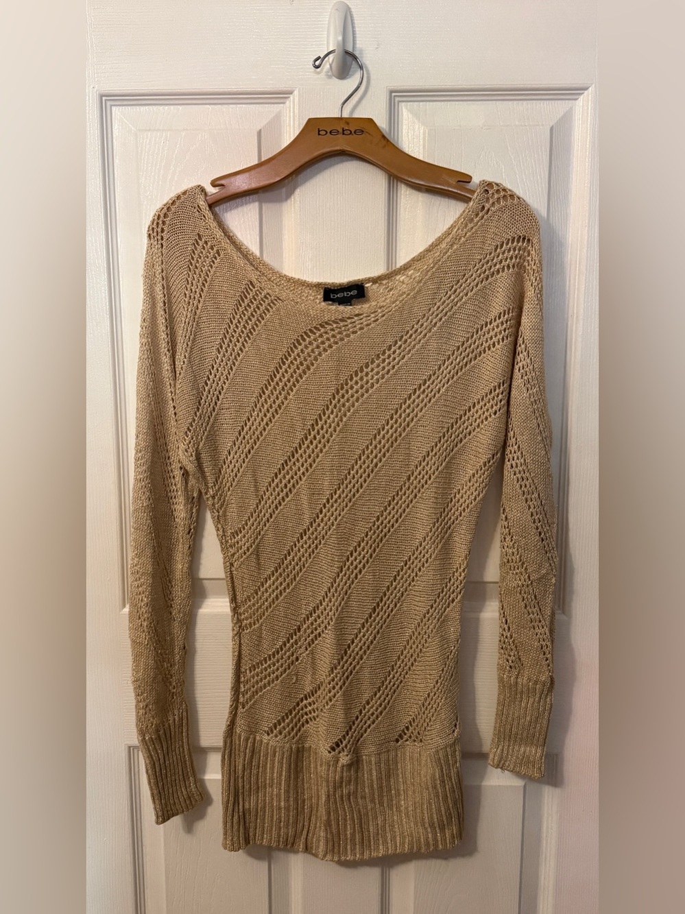 Bebe open knit metallic gold tunic sweater